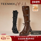 天美意复古西部靴加绒骑士靴长靴女高筒靴皮靴冬新款 KQZ04DG4