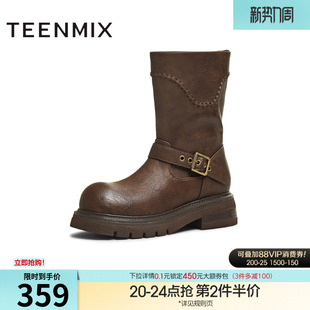 新款 靴冬季 子高筒时装 天美意复古厚底西部靴短靴骑士靴长靴女鞋