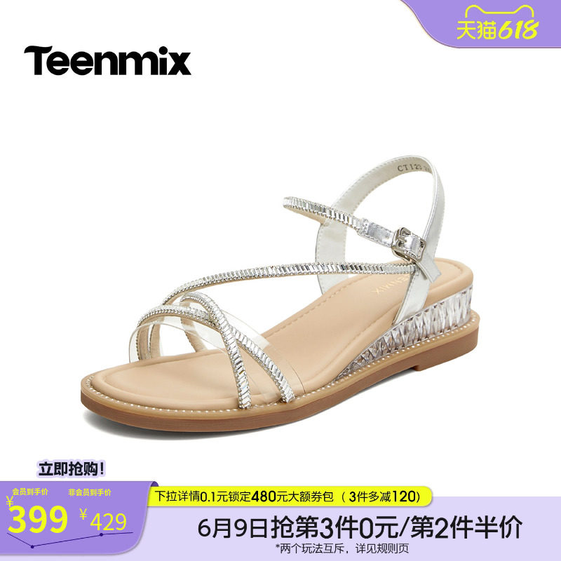 天美意一字带凉鞋仙女风坡跟厚底凉鞋女细条带时装凉鞋2026夏新款