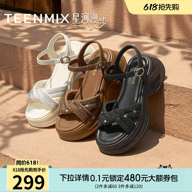 天美意星河漫步一字带水钻增高厚底凉鞋女外穿时装凉鞋夏季新款