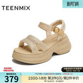 新款 夏季 BL401BL5 女外穿休闲凉鞋 天美意闪钻一字带增高厚底凉鞋