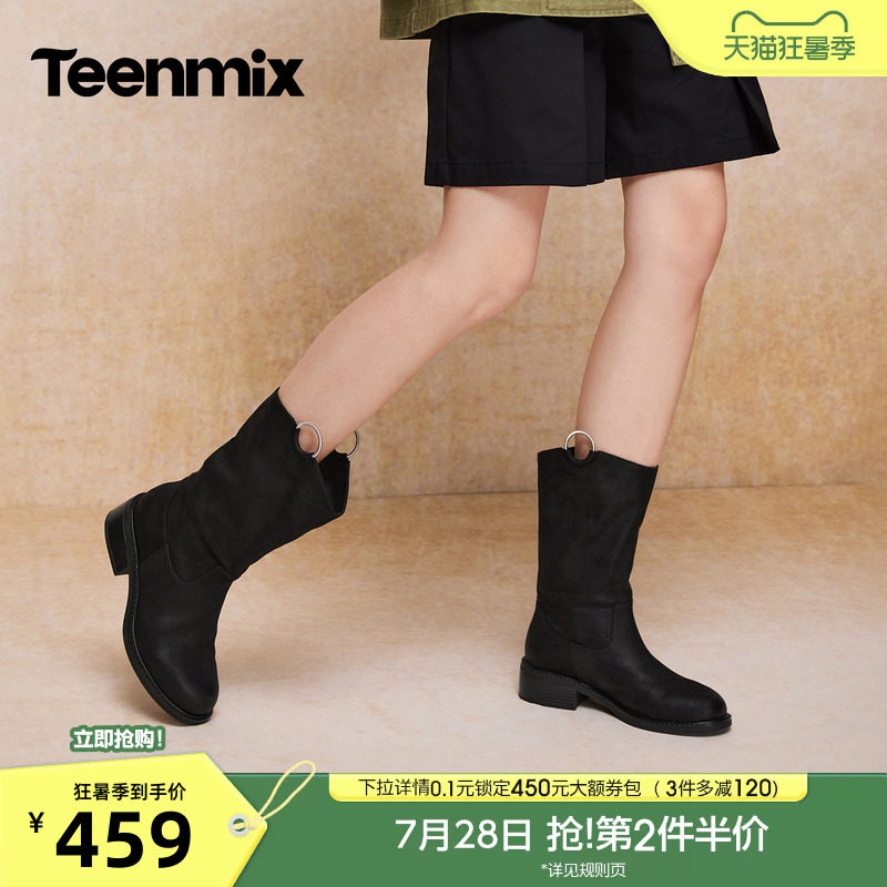天美意复古显瘦圆头粗跟时装靴女中筒西部短靴2026秋新款6V873DS6