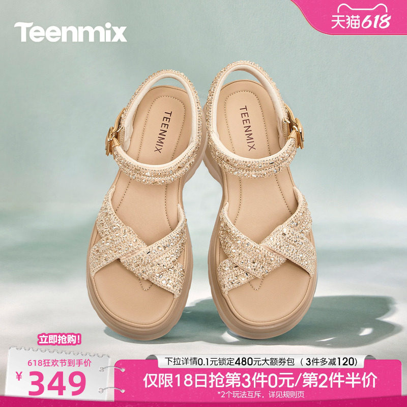 天美意一字带闪钻增高厚底凉鞋女外穿时装凉鞋2026夏新款KI018BT6