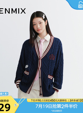 天美意学院风复古V领开衫上衣女开襟毛衣外套秋季新款FSA14CZ5
