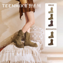 天美意巴恩风复古V口厚底西部靴加绒星星堆堆靴女鞋子冬新款短靴