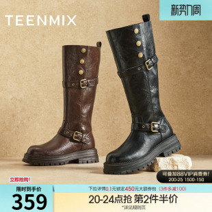 新款 靴休闲皮靴冬季 子高筒时装 天美意复古厚底骑士靴长靴女鞋