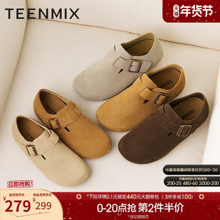 天美意复古厚底全包勃肯鞋男女同款一脚蹬休闲深口单鞋2025秋新款