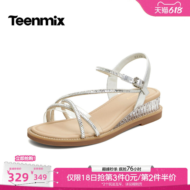 天美意一字带凉鞋仙女风坡跟厚底凉鞋女细条带时装凉鞋2026夏新款