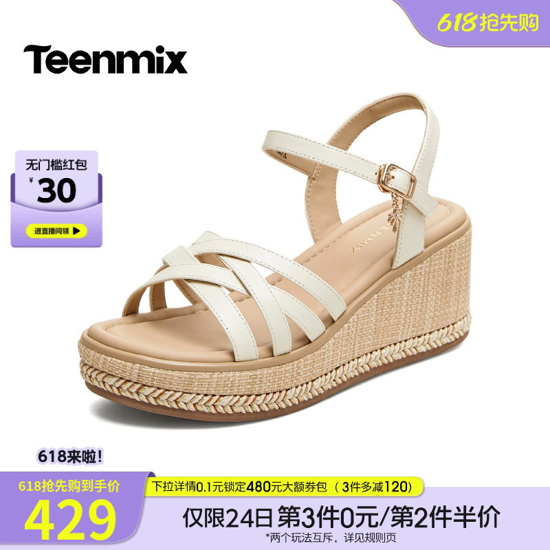 天美意一字带坡跟增高厚底凉鞋女休闲时装凉鞋2026夏新款COO15BL6