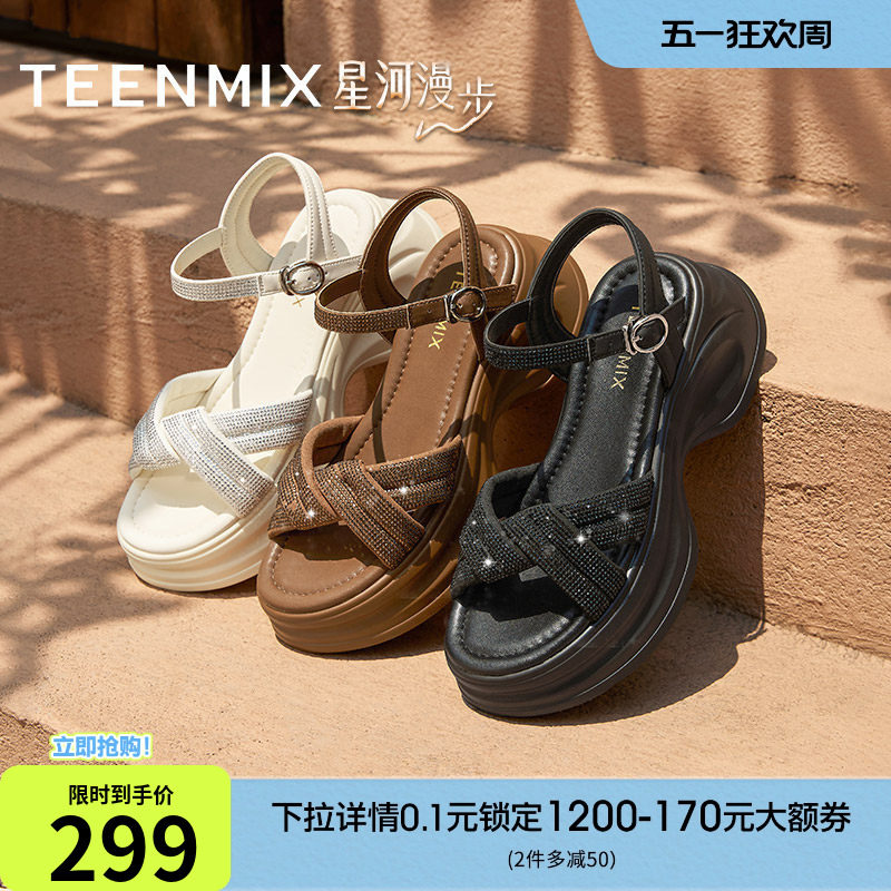 天美意星河漫步一字带水钻增高厚底凉鞋女外穿时装凉鞋夏季新款