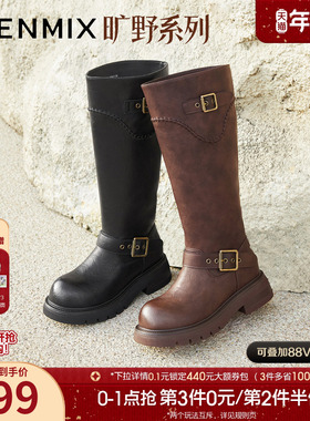 天美意复古厚底骑士靴西部靴长靴女高筒时装靴2025冬新款BM351DG5