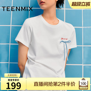 T恤女纯棉透气休闲上衣2025夏新款 天美意蝴蝶结蕾丝刺绣圆领短袖