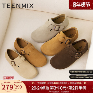 天美意复古厚底全包勃肯鞋男女同款一脚蹬休闲深口单鞋2025秋新款