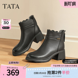 TATA他她靴子2025羊皮短靴时装 高跟黑色短靴CF201DD5 靴休闲女鞋