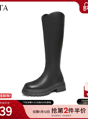 TATA他她厚底V口长筒靴女靴弹力瘦瘦靴骑士靴2024冬季新7D282DG4