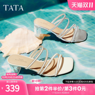 2025夏新款 TATA他她一字带气质高跟拖鞋 外穿凉鞋 法式 CXU01BT5 女鞋