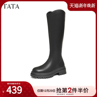 TATA他她厚底V口长筒靴女靴弹力瘦瘦靴骑士靴2024冬季 新7D282DG4