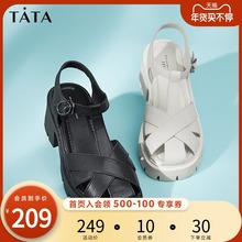Tata他她凉鞋女夏方粗跟2021年夏季新款高跟鞋包头凉鞋G4G01BL1图片