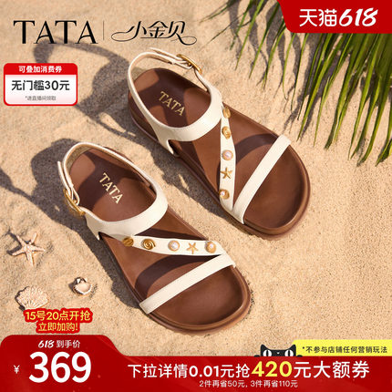 TATA他她小金贝夹趾罗马凉鞋女外穿女假日沙滩休闲平底鞋子2026新