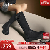 TATA他她复古黑色长筒靴靴子女粗跟西部靴骑士靴2024冬新CY601DG4