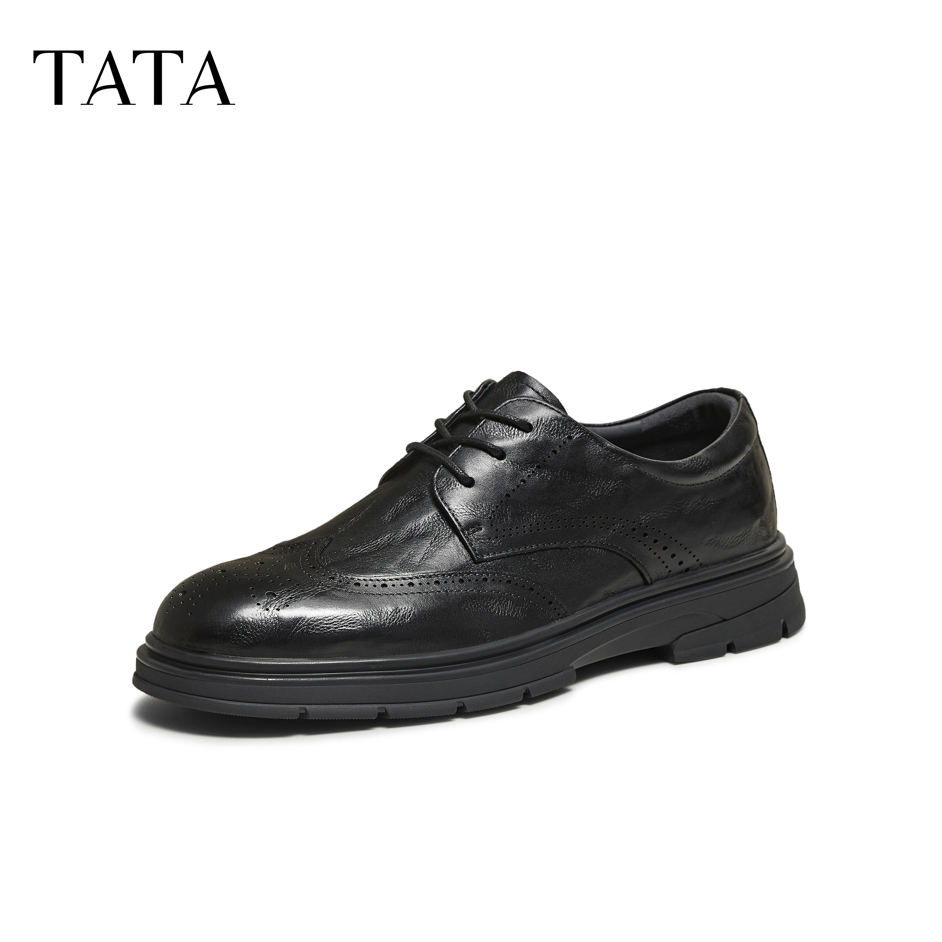 TATA他她皮鞋男款2025新款时尚百搭厚底全黑软底公务鞋72W32DM5