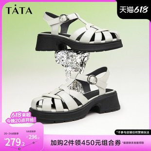 新WDK01BL3 女2023夏季 女粗跟百搭复古猪笼鞋 Tata他她牛皮罗马凉鞋