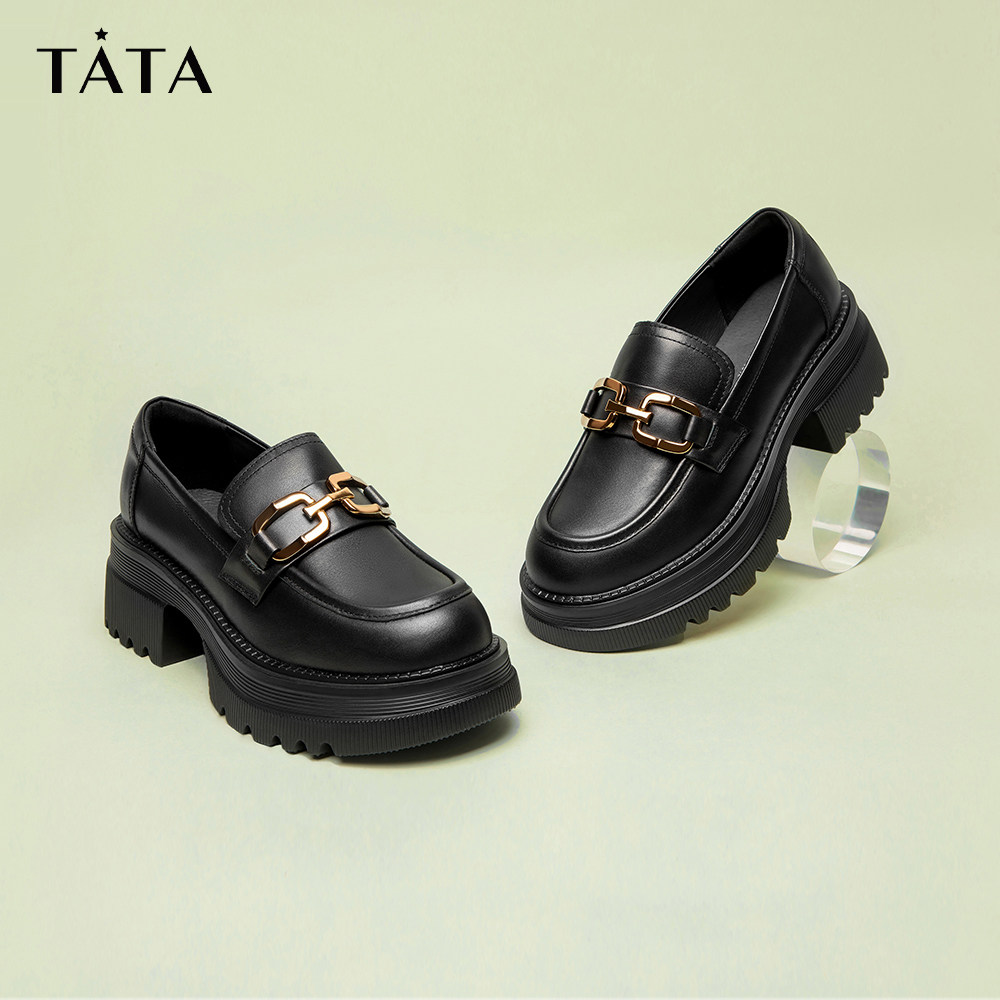 TATA他她英伦厚底jk乐福鞋女鞋黑色学院小皮鞋浅口单鞋子GOK01CA4