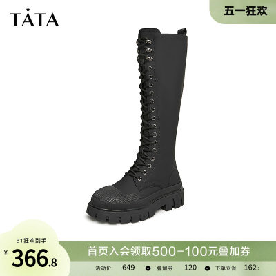 TATA厚底系带高筒骑士靴