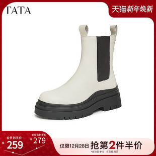 TATA他她英伦厚底切尔西靴女靴子加绒真皮烟筒靴短靴冬季 7C960DZ4