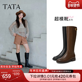 孙乐言同款 TATA他她超模靴长靴中筒显瘦骑士靴加绒时装 靴7TGA8DG5