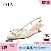 夏新款 女尖头羊皮包头通勤凉鞋 UMS03BH5 气质高跟凉鞋 TATA他她法式