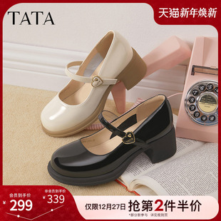女粗跟小皮鞋 女鞋 女春季 单鞋 WGB05AQ5 新款 TATA他她白色玛丽珍鞋