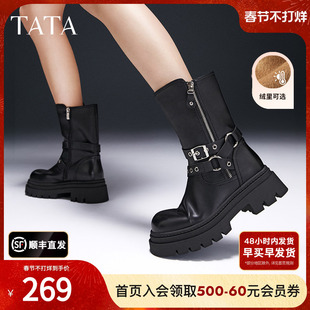 TATA他她复古加绒时装短靴马丁靴机车西部靴女鞋靴春季CDM01DS4