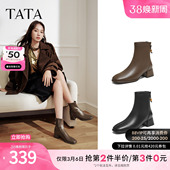 短靴粗跟加绒瘦瘦靴WYX04DD5 通勤黑色时装 TATA他她靴子女冬季 新款