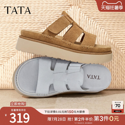 TATA他她一字拖鞋女厚底罗马凉鞋百搭女鞋休闲鞋子新款CRV02BT6