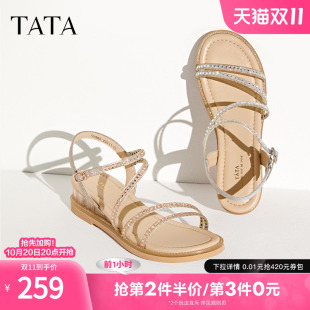 2024夏季 女时尚 新7UA03BL4 女外穿一字带沙滩凉鞋 Tata他她坡跟凉鞋