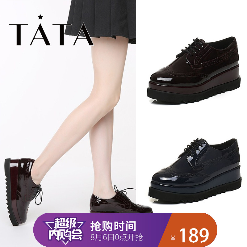 TATA/他她秋季漆皮雕花系帶防水臺松糕休閑女單鞋0U309CM6