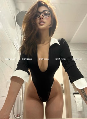FLGG性感女老师深V高开叉显腿长黑白拼接连体衬衫T恤居家内衣