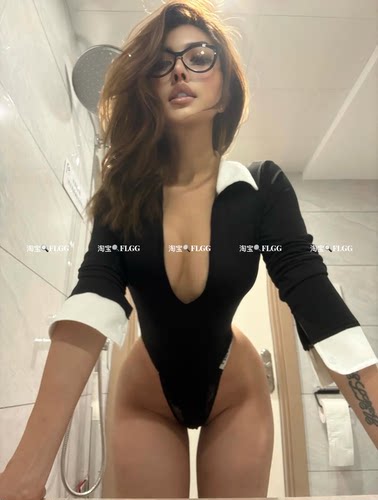 FLGG性感女老师深V高开叉显腿长黑白拼接连体衬衫T恤居家内衣