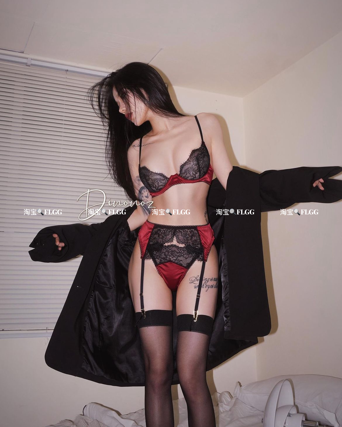 FLGG性感轻奢内衣法式超薄蕾丝酒红色复古文胸套装三件套