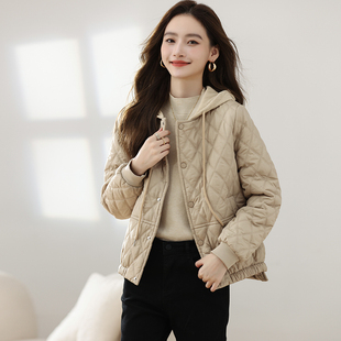 秋冬短款小个子轻薄保暖连帽棉服外套女新款时尚菱格休闲棉衣棉袄