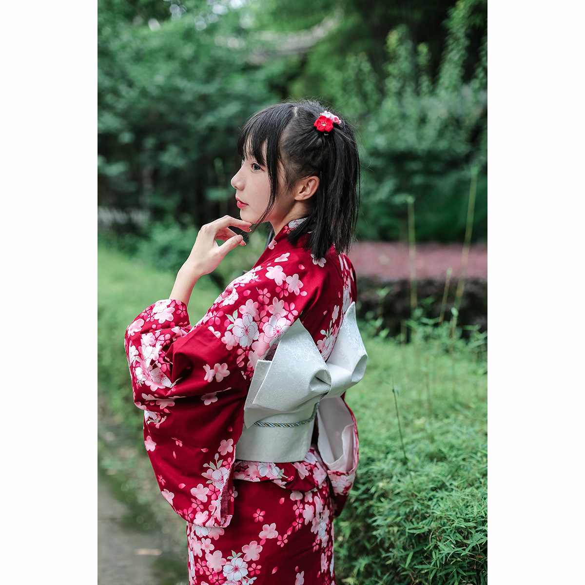 现货 日本和服改良浴衣 红色小樱花和服全套 纯棉正规和服女