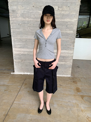 简约单排扣修身短袖T恤女24夏季