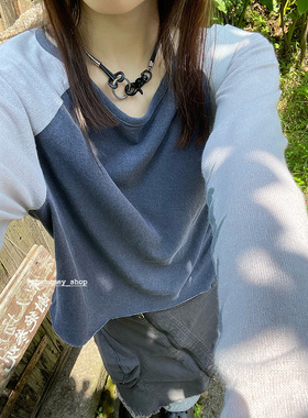 THESUMEY22SS小众设计感拼接宽松短款辣妹显瘦圆领长袖T恤女秋新