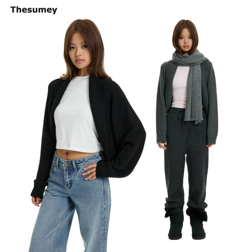 THESUMEY黑色毛衣针织开衫外套女秋季新款宽松慵懒感百搭长袖罩衫