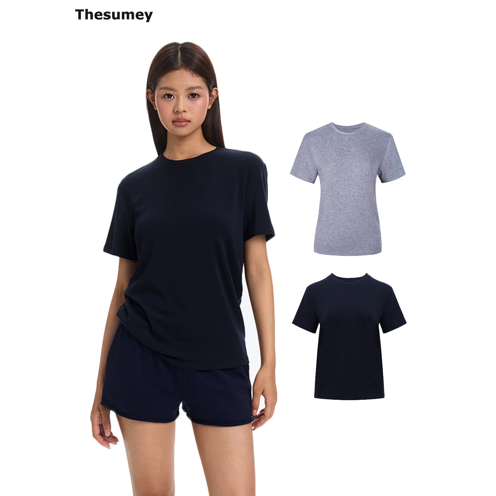 THESUMEY 纯色圆领休闲短袖t恤女2026夏季新款宽松显瘦设计感上衣图片
