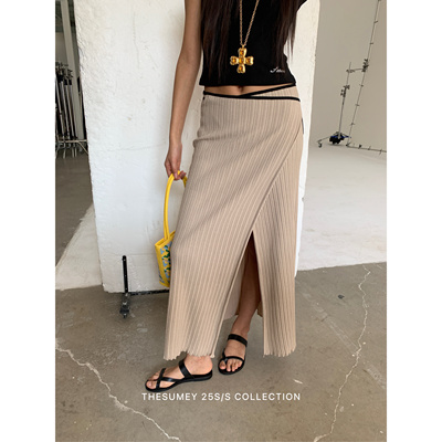 THESUMEY 一片式系带针织半身裙女2025春季新款设计感百褶中长裙