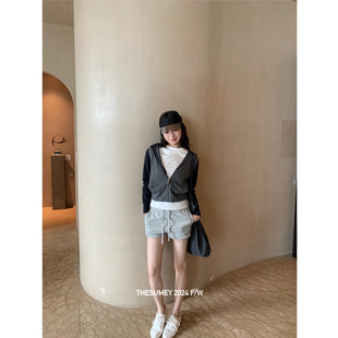THESUMEY 设计感小个子拉链外套 撞色连帽针织开衫 女2024早秋新款