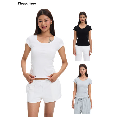 THEUSMY U领正肩短袖t恤女2026夏季新款显瘦修身短款纯色小上衣