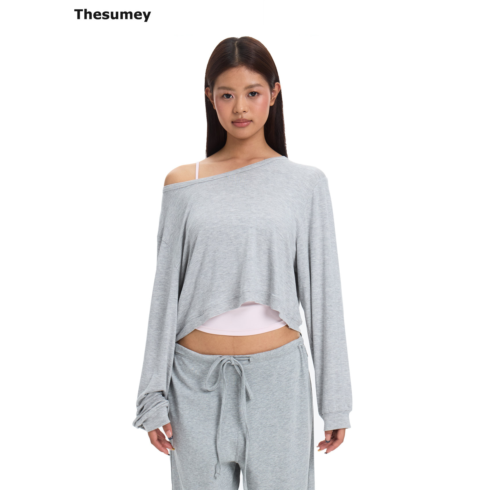 THESUMEY 灰色斜肩长袖t恤女2026夏季新款辣妹露肩显瘦薄款上衣图片